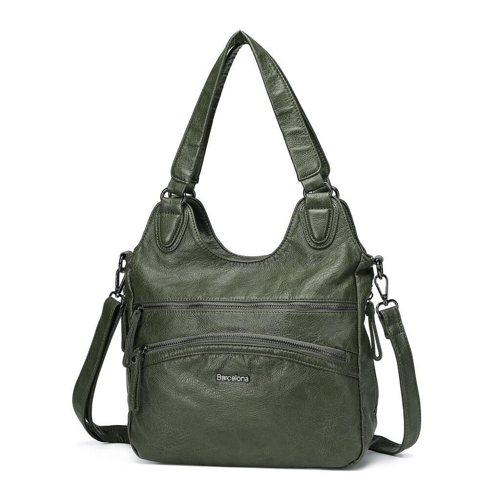 Yıkama Deri Omuz Askılı Kadın Çantası 21-K Barcelona 1893 K.Yeşil