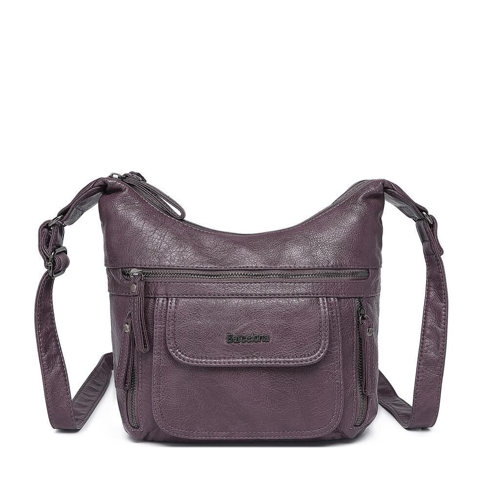 Yıkama Deri Askılı Postacı Kadın Çantası 21-K Barcelona 1894 Mürdüm