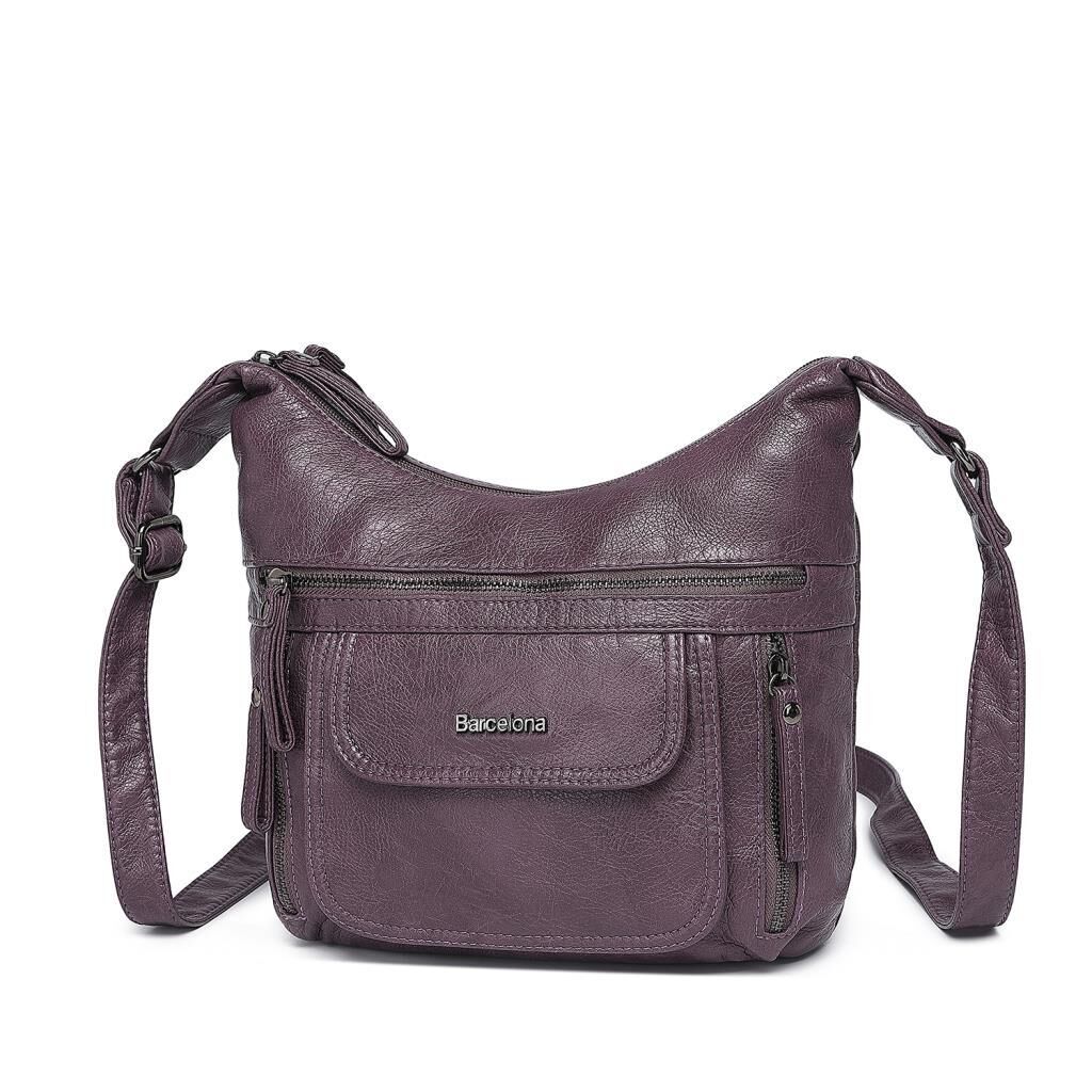 Yıkama Deri Askılı Postacı Kadın Çantası 21-K Barcelona 1894 Mürdüm