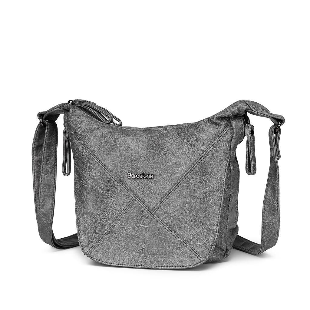 Yıkama Deri Askılı Postacı Kadın Çantası 21-K Barcelona 1896 Gri