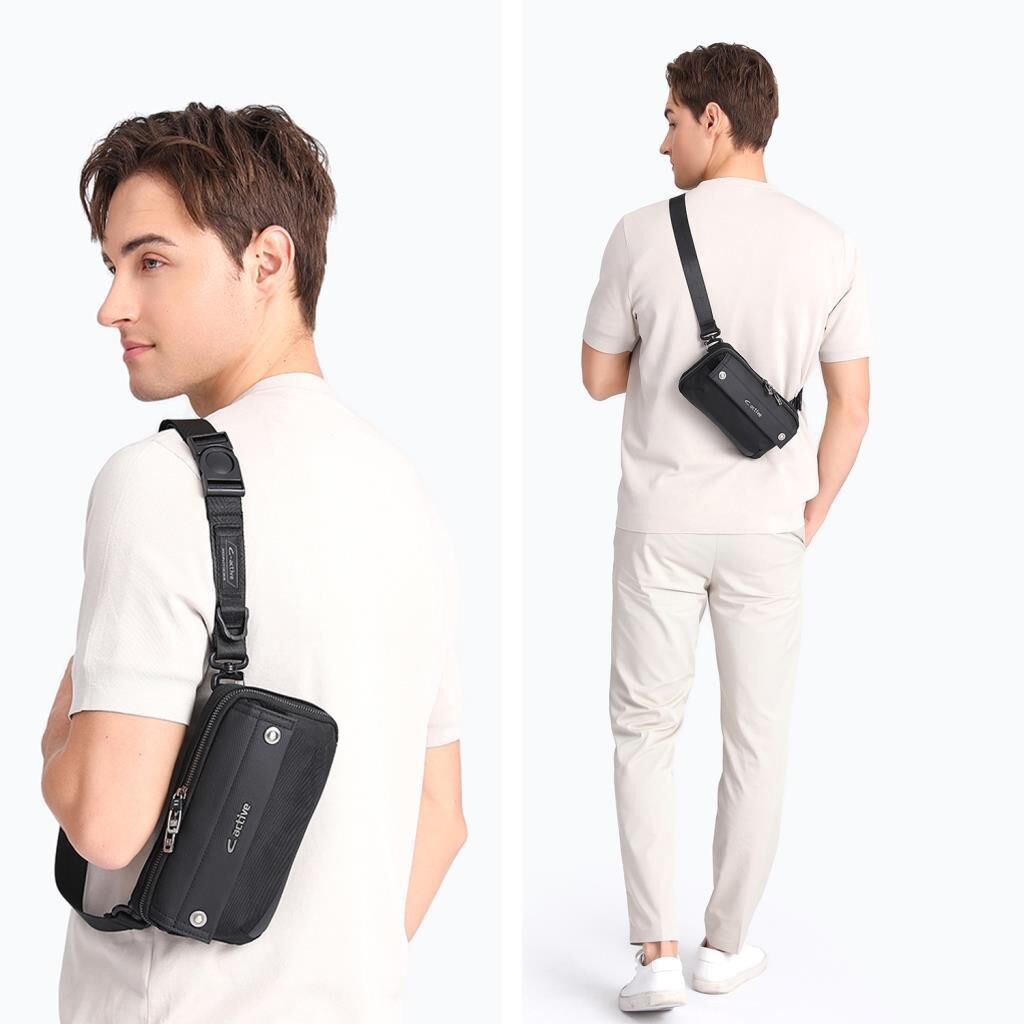 C-Active Erkek Askılı Bodybag Bel Çantası Oxford Kumaş 8738 Siyah